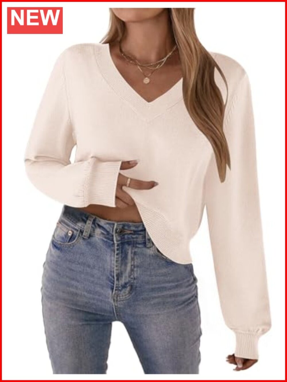 Cropped V-Neck Pullover Sweater Long Lantern Sleeve Knit Ribbed Trim